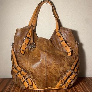 Michael Kors Milo Distressed Leather Shoulder Bag Boho Buckles Brown